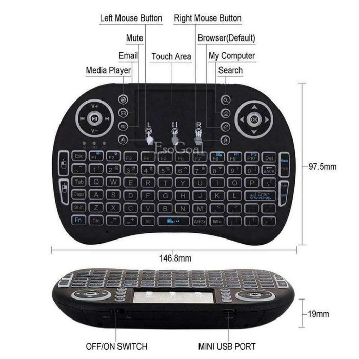 Teclado Retroiluminado RGB Wireless Rato a Bateria- Comando PC SmartTv