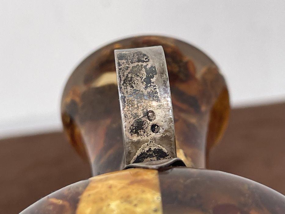 Bursztyn Wazon Okuty Srebrem ze Srebrną Różą Sygnowany Pamiątka z Prl