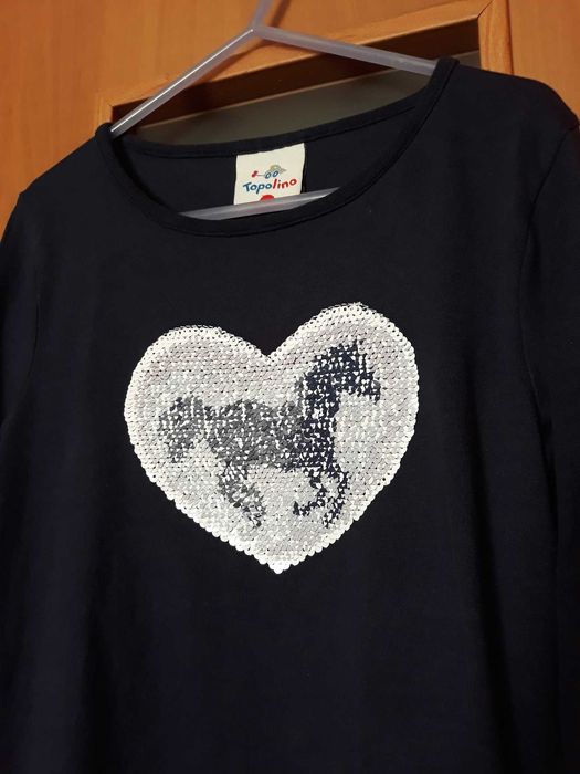 Bluzka granatowa cekiny serduszko, koń, Topolino, 100% bawełna 128
