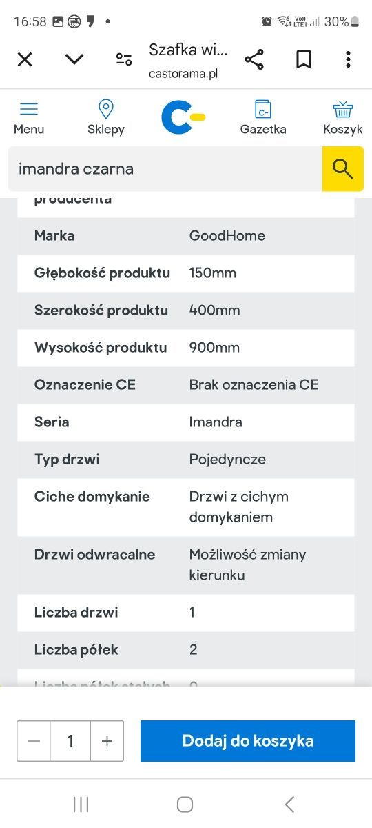Szafka łazienkowa wisząca 40 czarny mat