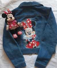 джинсовый пиджак для девочки,разрисованный и вышитый Минни Маус,Микки