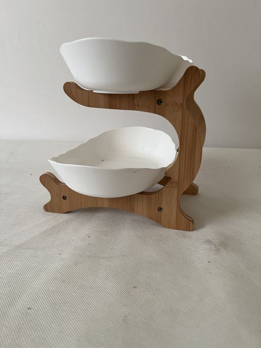 Dwupoziomowy kosz na owoce i warzywa, taca bambusowa, duża miska