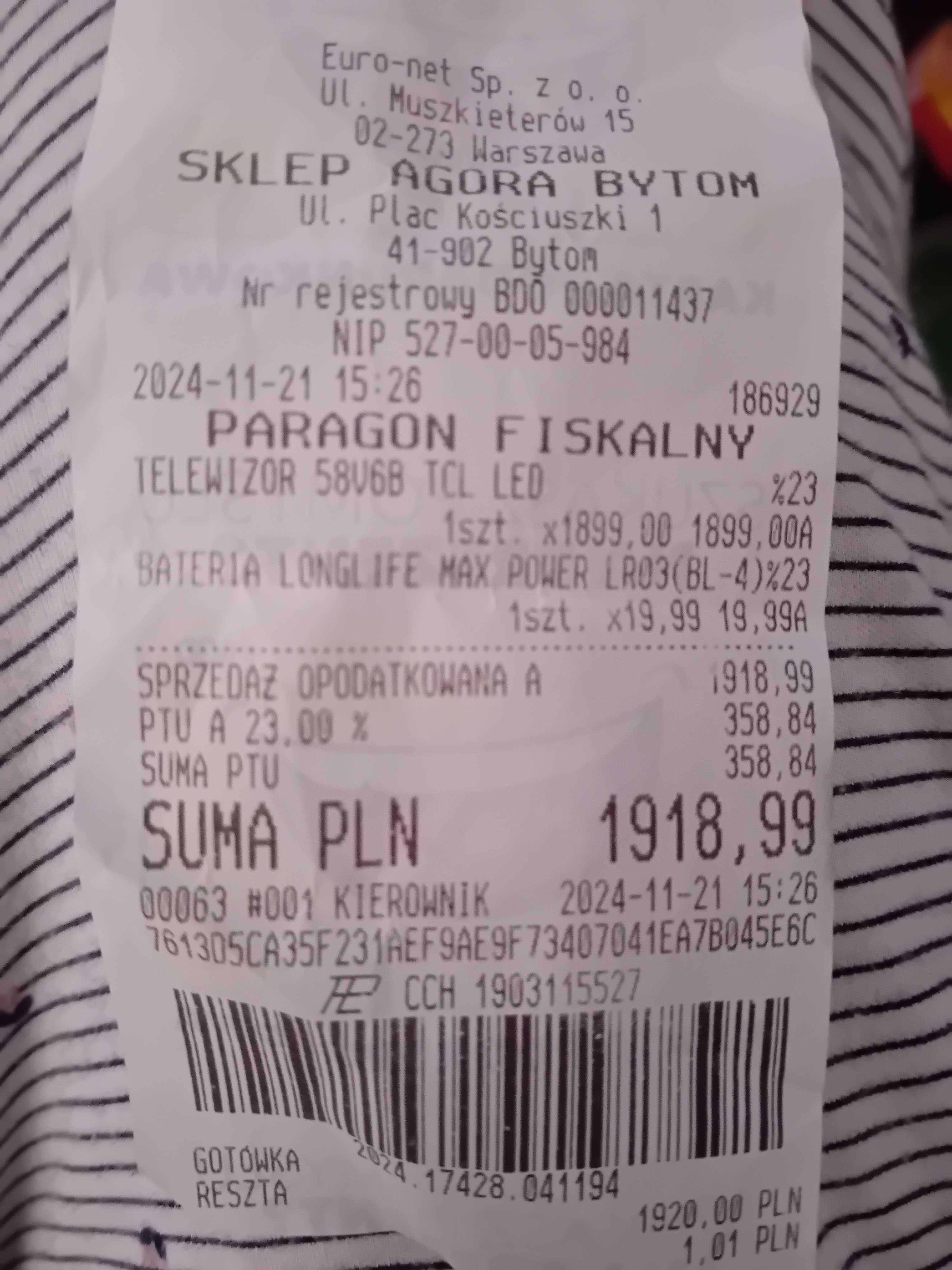 Tv TCL 58cali 1600zł.