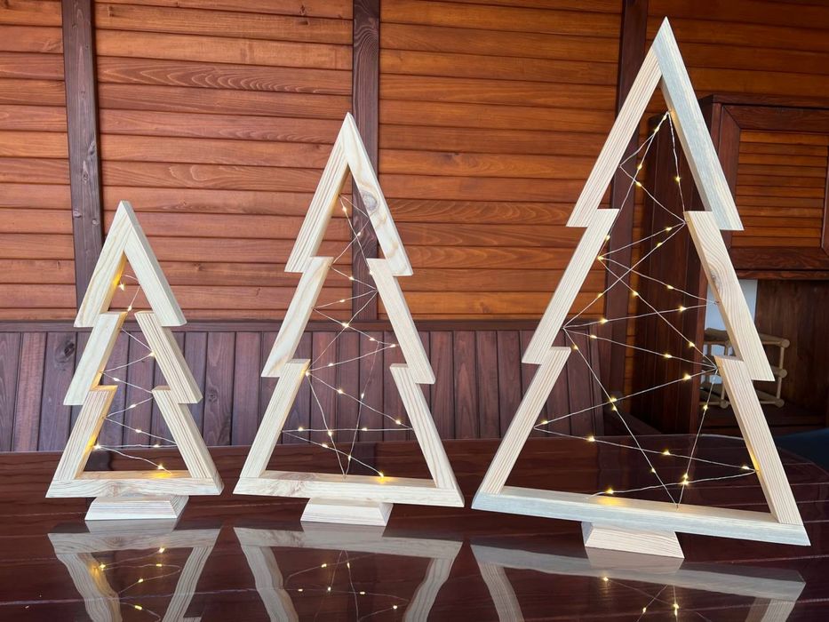 Декор ялинка з гірляндою, ручна робота з дерева, новорічний декор