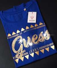 GUESS JEANS Damski T-Shirt Koszulka Bluzka Kobaltowa Złota Diamenciki