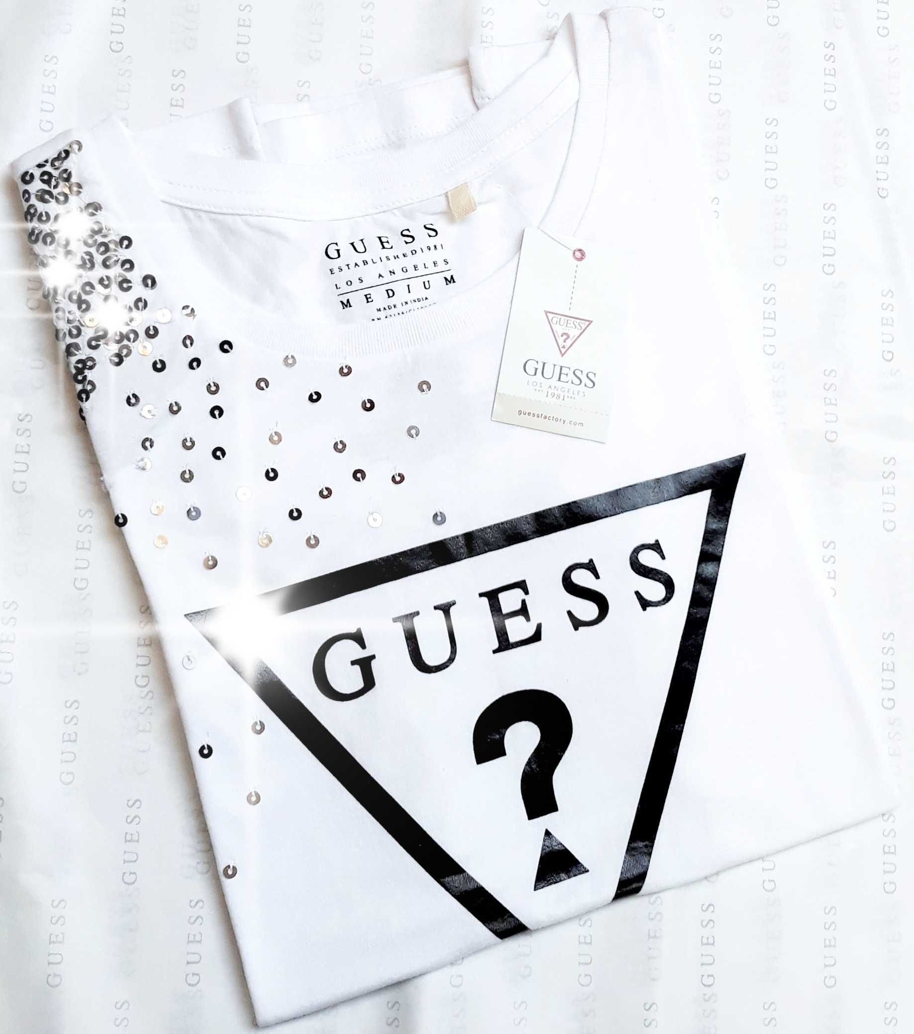 GUESS Oryginalna Koszulka T-Shirt Bluzka Sniezny Pyl Cekiny Confetti