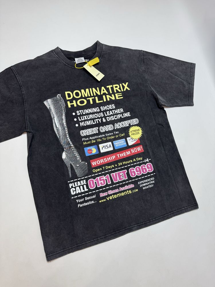 Футболка Vetements Dominatrix Hotline S M L Washed black Oversized