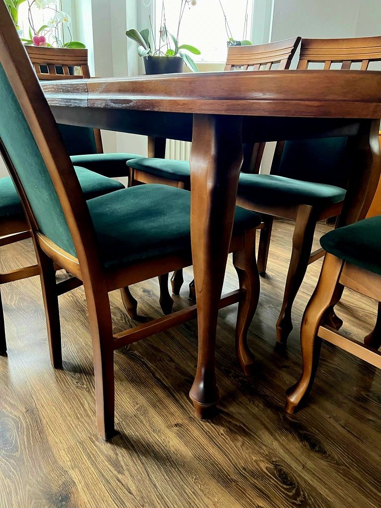 Stół z krzesłami drewno butelkowa zielen