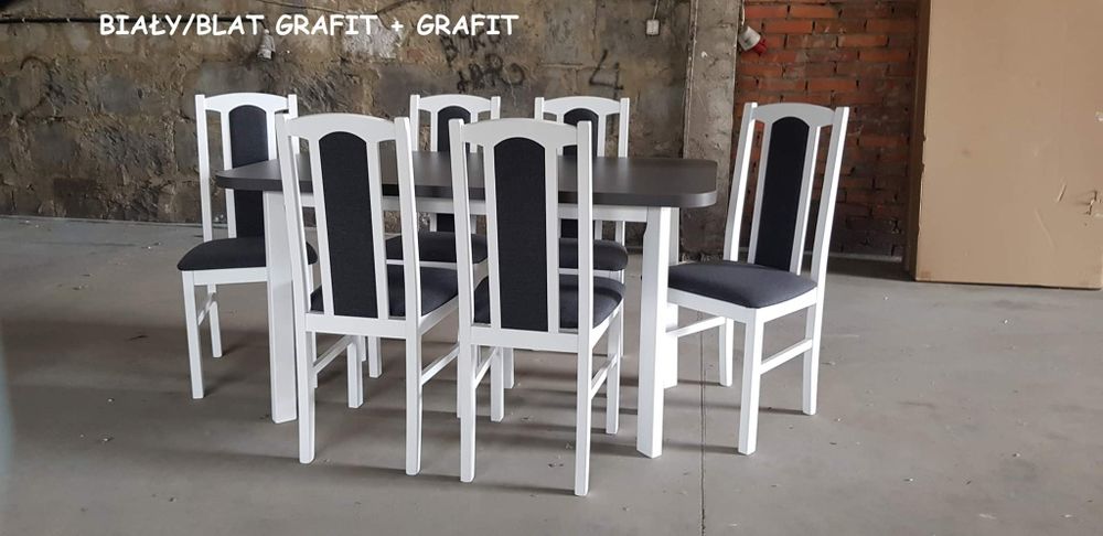 Nowe: Stół 80x140/180 + 6 krzeseł: bialy/blat grafit + grafit