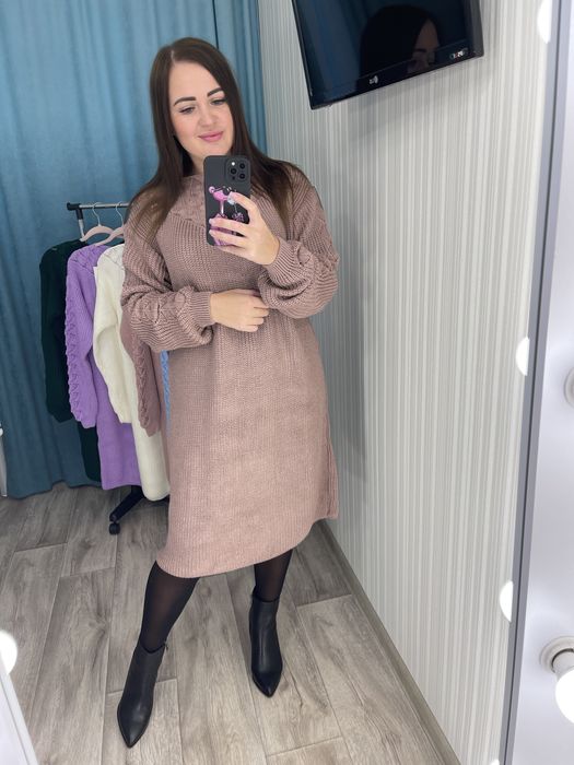 Женское вязаное платье 42-54 батал пудра,голубой Жіноча тепла сукня