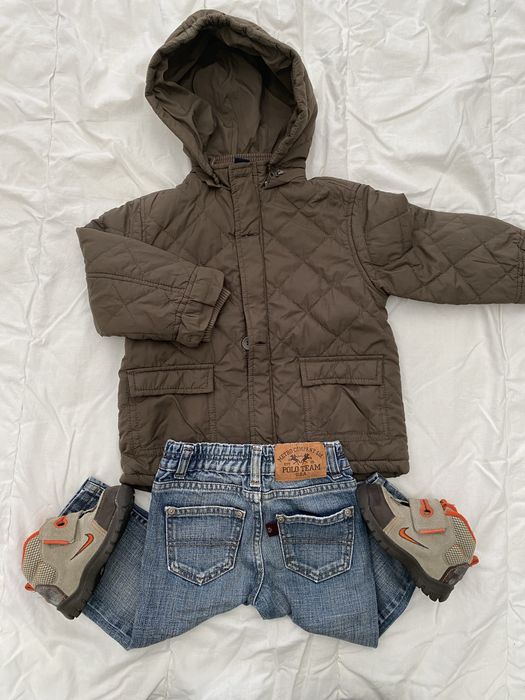 Conjunto menino 1-2 anos Parka, botas tenis, calcas