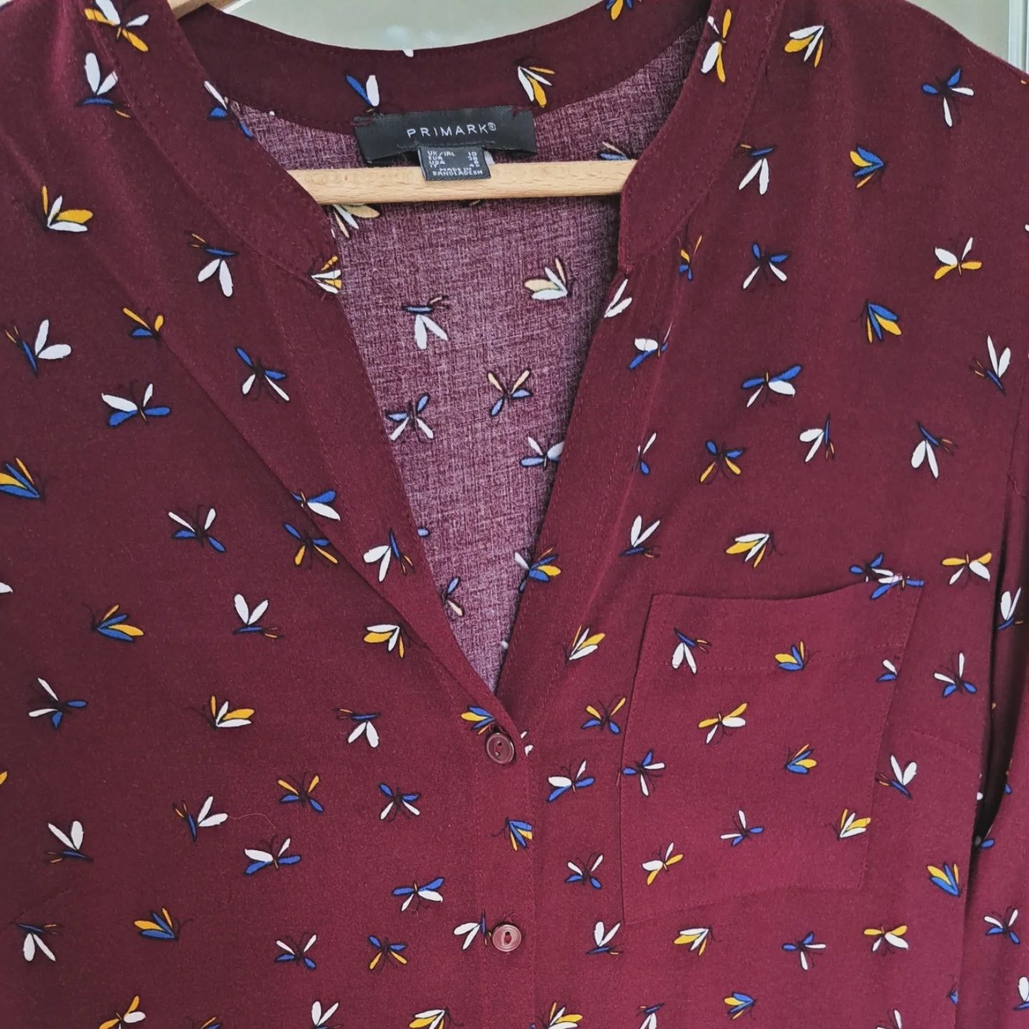 Bordowa koszula w motylki zapięcie na guziki z długim rękawem Primark