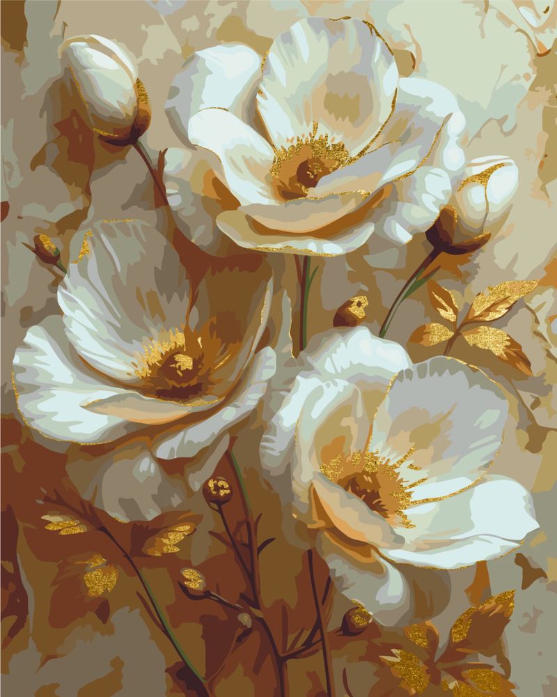 Картина по номерам белые цветы, пионы, золотые краски