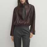 Шкіряна жіноча куртка коричневого кольору із шкіри напа massimo dutti