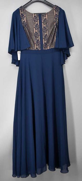 Zwiewna wizytowa sukienka Bonprix granatowa koronkowa 38 długa nowa