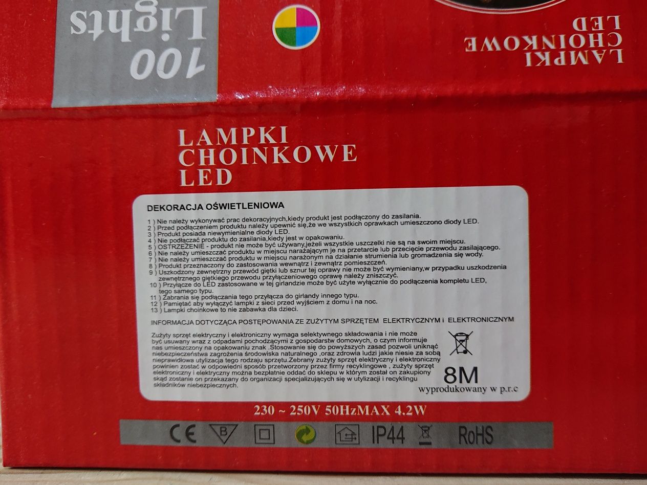 100 LED Lampki Choinkowe Kolorowe na ZEWNĄTRZ WEWNĄTRZ 8 metrów