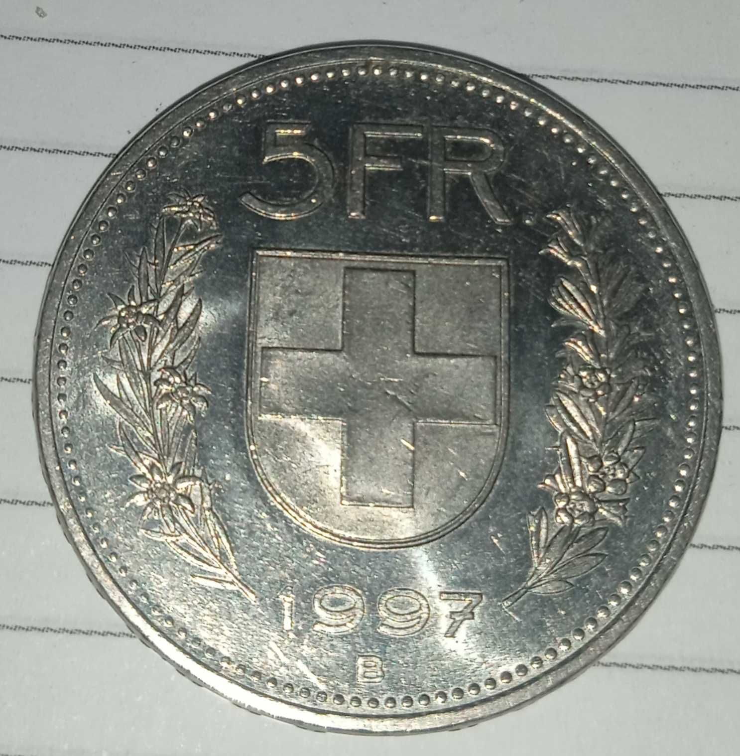 Moeda 5 francos suíços Guilherme Tell. 1997