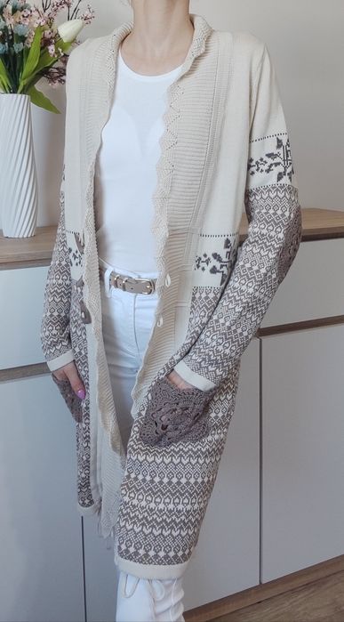 Cream dlugi kardigan sweter wzór norweski 100% bawełna s 36