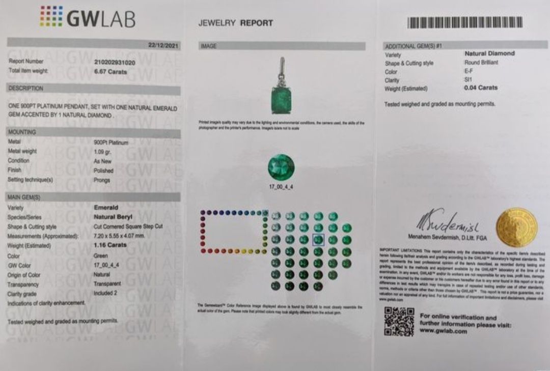 Platynowy naszyjnik-duży naturalny szmaragd 1.16ct i diament.