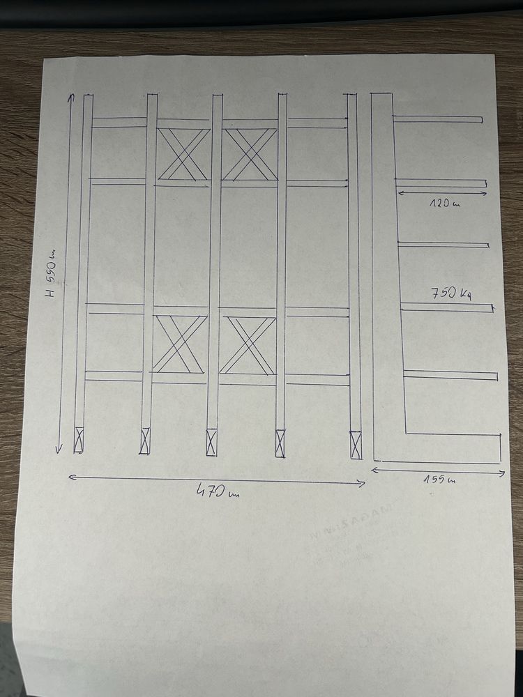 Regały wspornikowe jednostronne na profile drewno H550cm ramiona 120cm