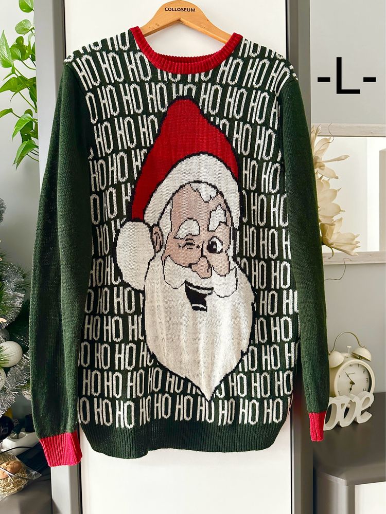 Sweter swiąteczny z Mikołajem, L, ciemnozielony, Easy, ciepły