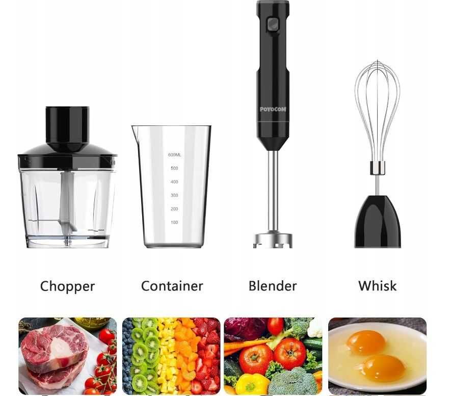 Bezprzewodowy blender ręczny POYOCOM czarny + akcesoria