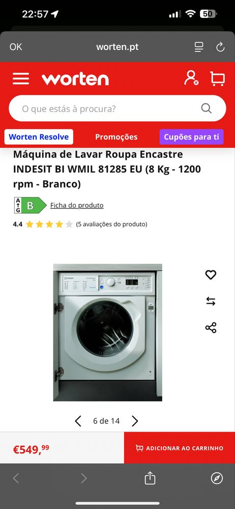 Máquina de Lavar Roupa Encastre Indesit 8kg