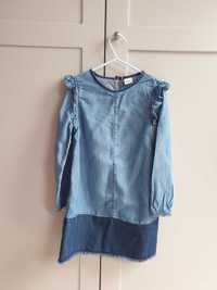 Niebieska dżinsowa jeans sukienka z tencelu z falbankami Next 110 116