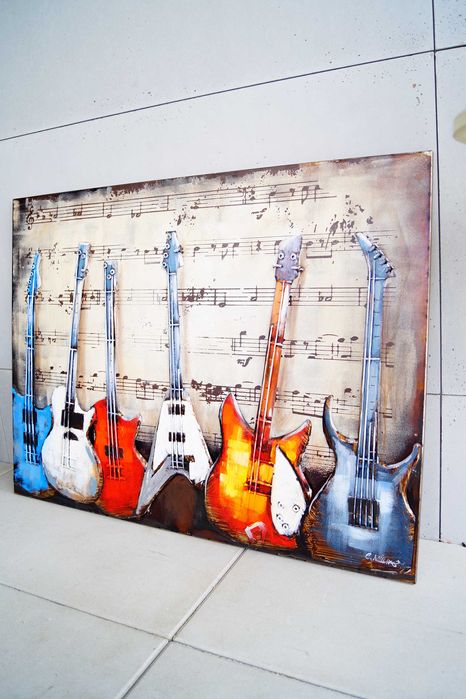 Duży metalowy obraz 3D gitary ręcznie malowany szyld