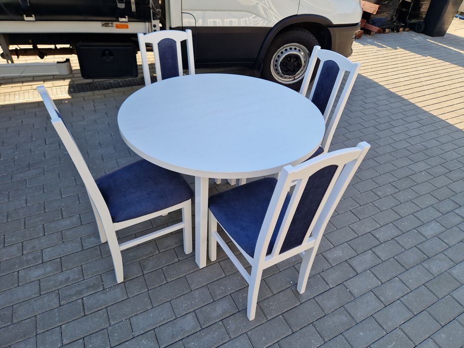 Nowe : Stół okrągły + 4 krzesła, biały + metaliczny granat, transPL