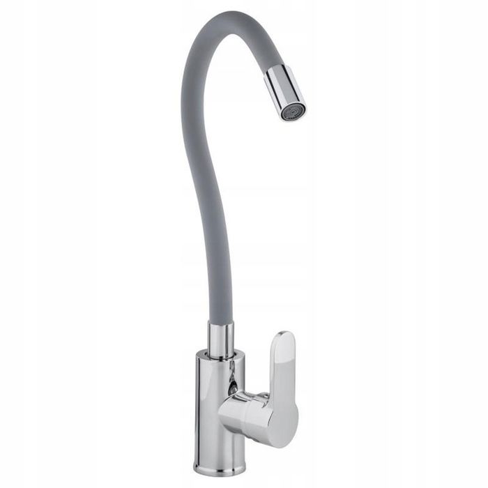 Bateria Kuchenna Stojąca Elastyczna Wylewka Kran Gumowa Szara Chrom