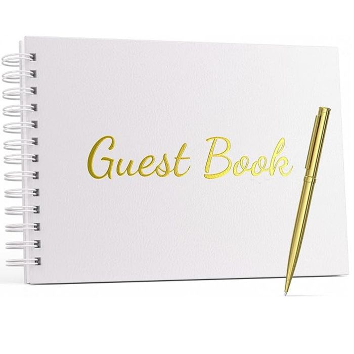 KSIĘGA GOŚCI z Eko skóry Biała 26cm/18,5cm 132 strony Elegancki długop