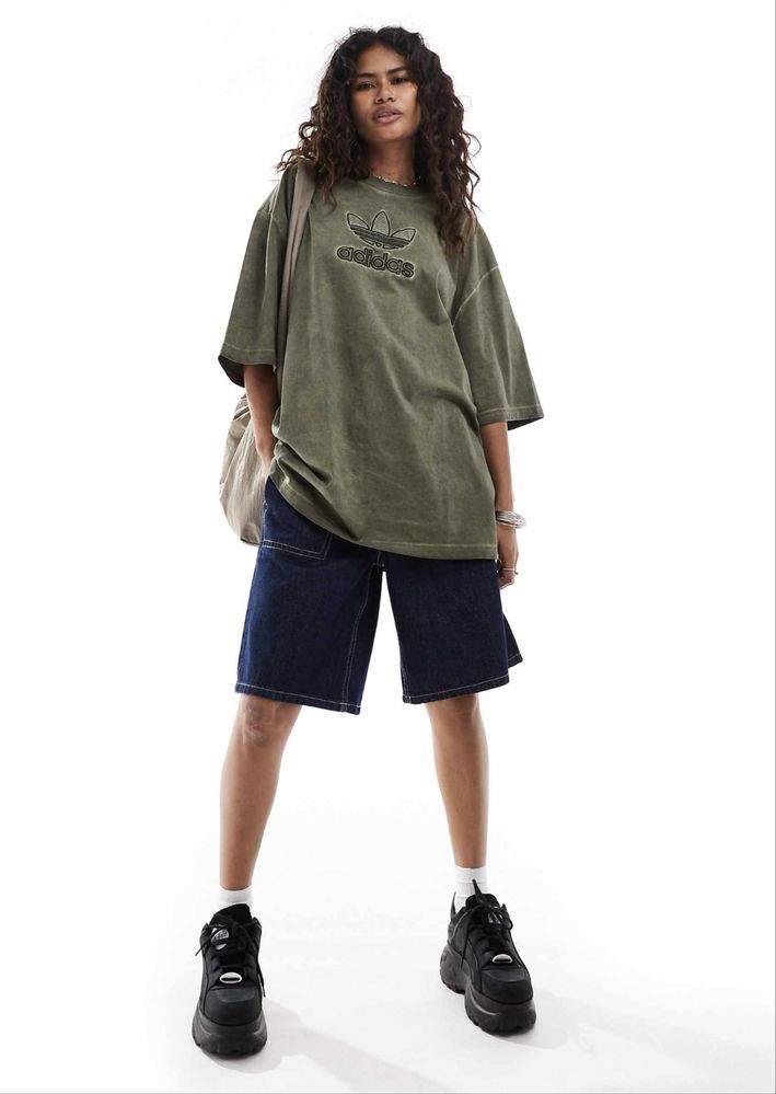 adidas Originals Adilenium oversized trefoil tee in olive
