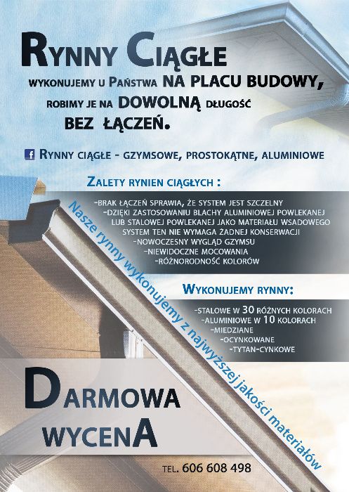 Rynny aluminiowe bez łączeń, ciągłe, ciagnione, wkręty farmery