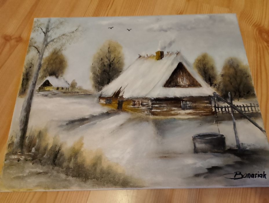 Obraz chatka zima obraz namalowany na płótnie 50/40 cm