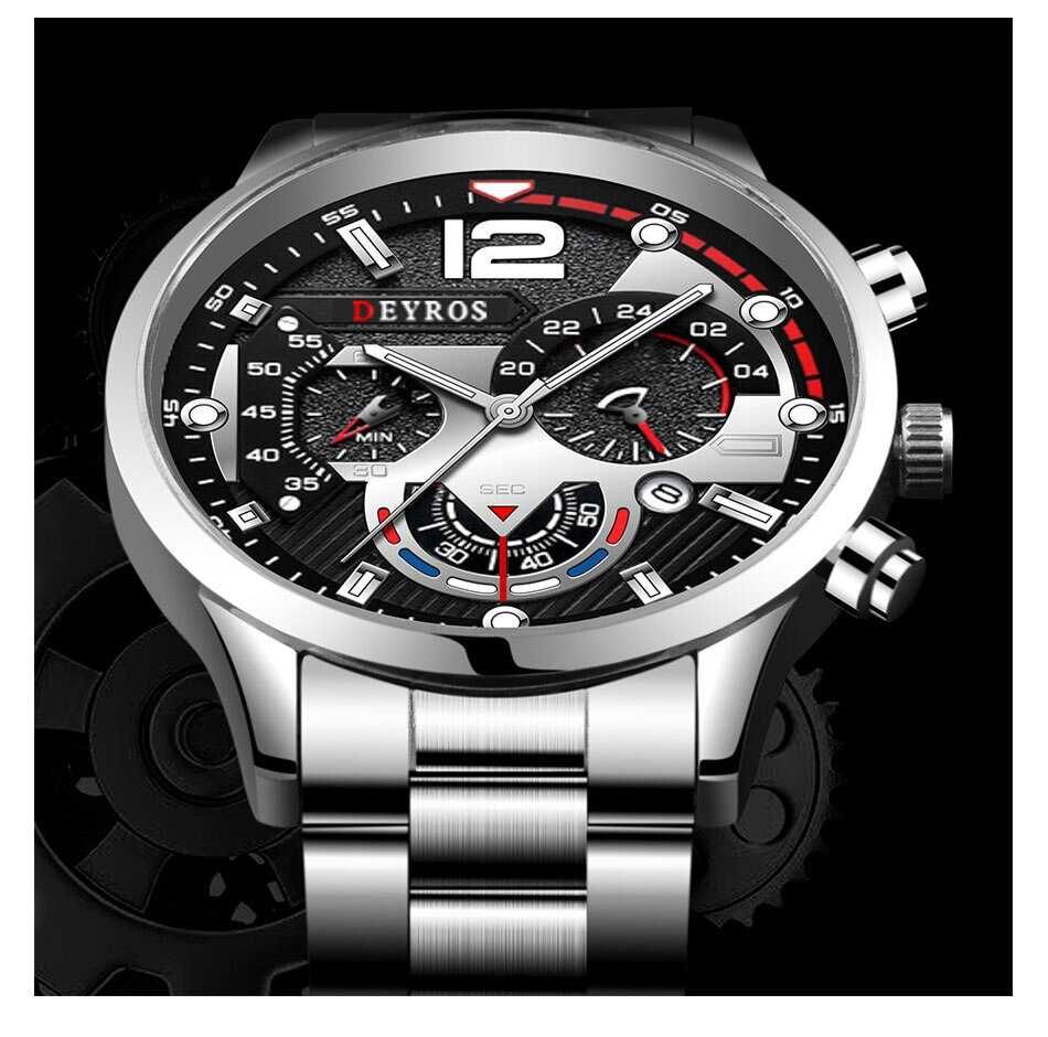 Modny zegarek męski luksusowy z  kalendarzem bransoleta metalowa