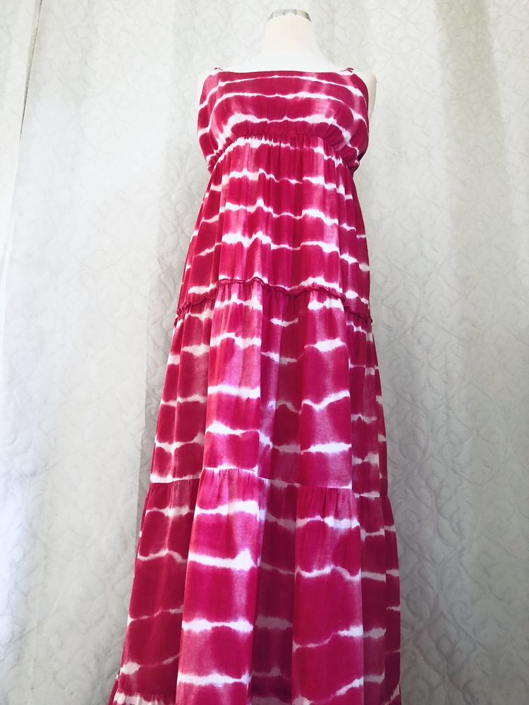 38. M/L różowa/czerwona maxi sukienka na ramiączkach Papaya, bawełna