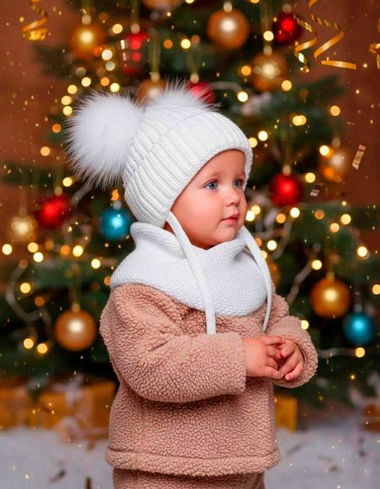Теплый детский комплект девочке 1 2 3 4 года зимняя белая шапка, хомут