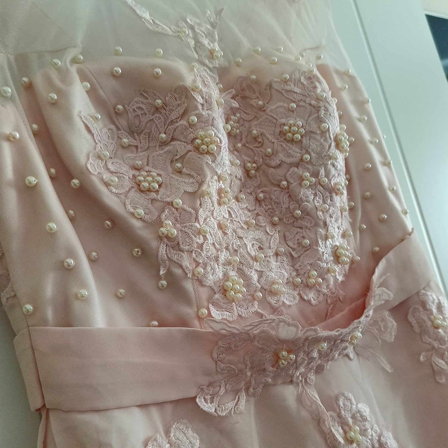 Sukienka różowa pudrowy róż M grace Karin długa maxi suknia