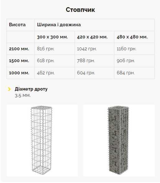 Стовпчик з габіон, ціна від виробника