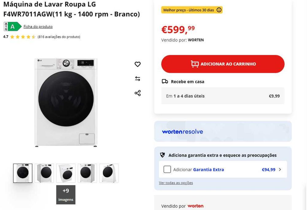 Máquina Roupa LG 11KG NOVA, NUNCA USADA (não cabe no móvel de encastre