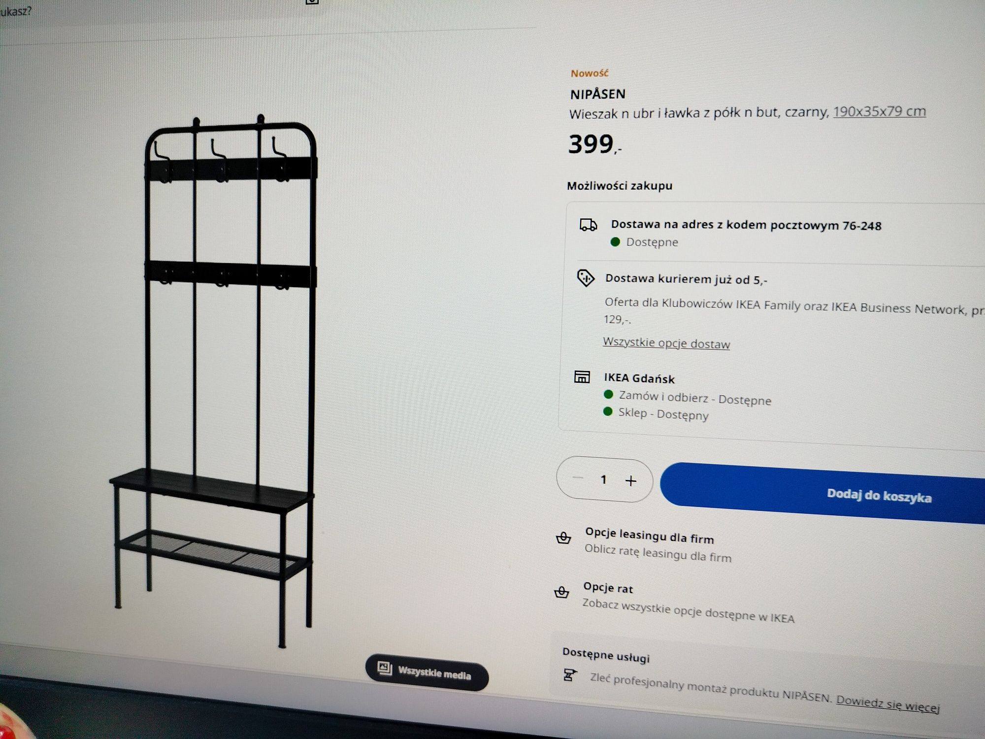 Nowy czarny metalowy wieszak z ławką i półką  Ikea