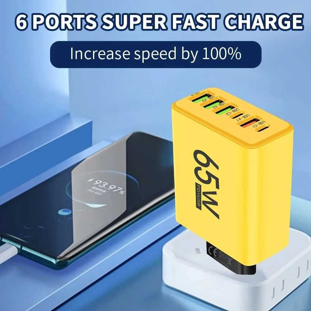 Ładowarka sieciowa USB 65 W 6 portów: 4xUSB A i 2xUSB C