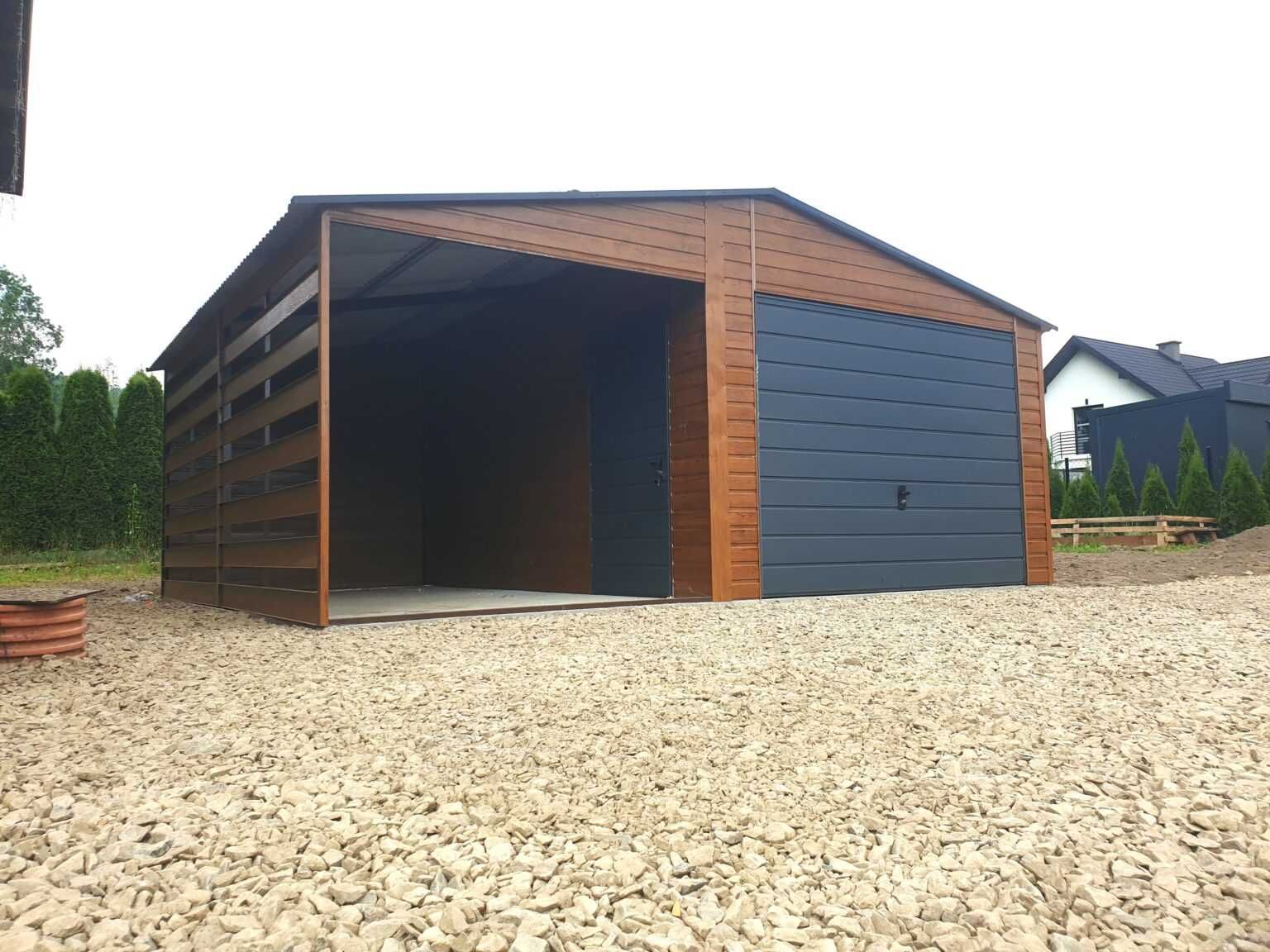 Blaszany montowany garaż 6×6 m – złoty dąb jasny/ciemny grafit matowy