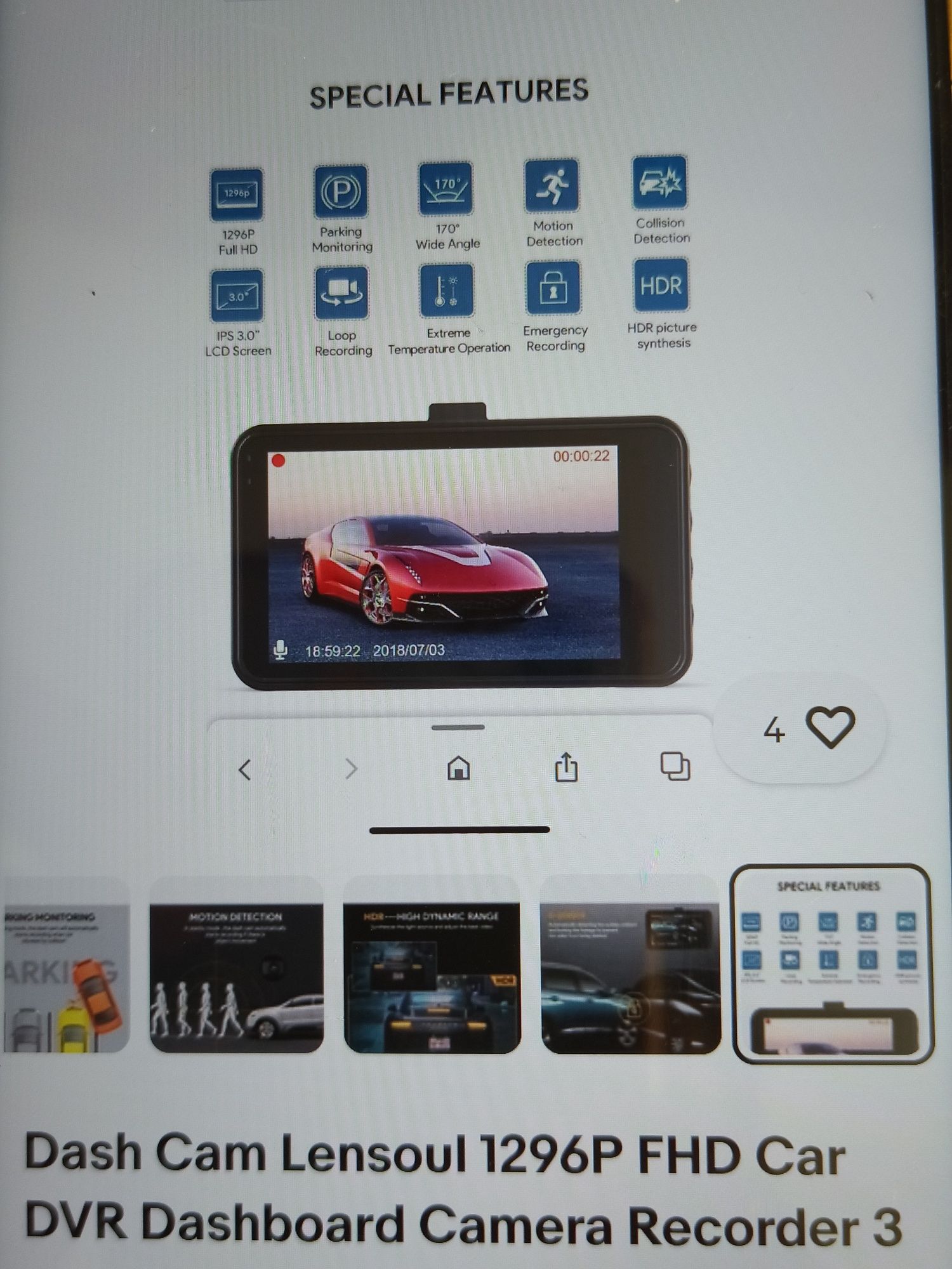 Відеореєстратор Lensoul 1296p FHD