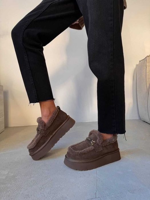 Коричневі лофери угги натур. замша, зимние лоферы коричневые 36-40р