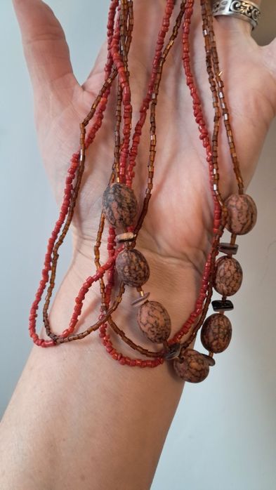 Ожерелье винтажные бусы коралловые с сатиновое бисером и перламутром