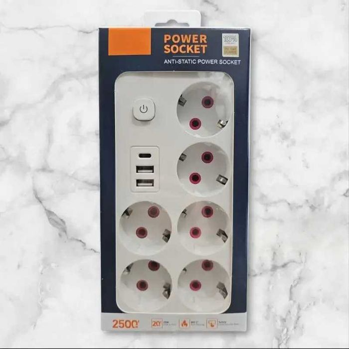 Сетевой фильтр удлинитель с 6 розетками и USB портами на 5м 2500Вт