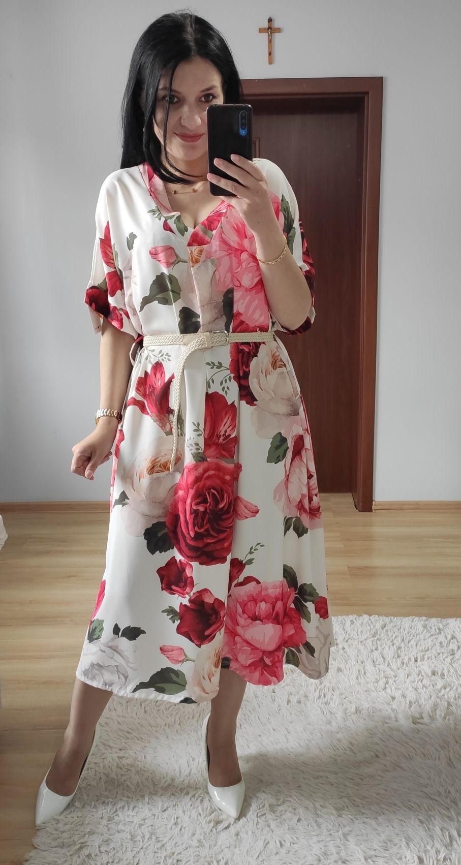 Sukienka MIDI w kwiaty wesele komunia chrzciny