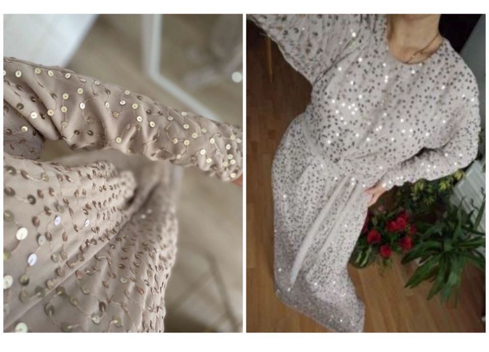 Beżowa sukienka maxi nietoperz cekinowa zdobiona asos 42 xl 40 L